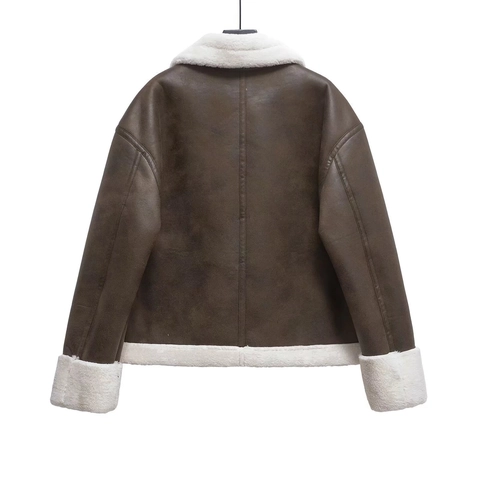 Dames Aviator Biker Jas Kunstleer Suède Met Voering Van Imitatielamswol Warm Winter Revers Rits Bruin