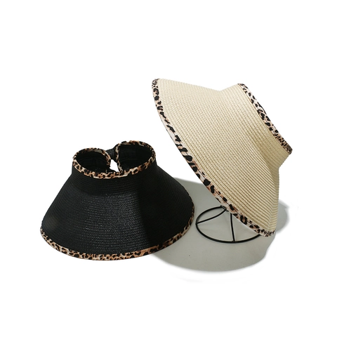 Women Paper Straw Sun Visor Hat Leopard Print Trim Wide Brim Foldable Packable Summer Beach Travel Chic Sun Protection