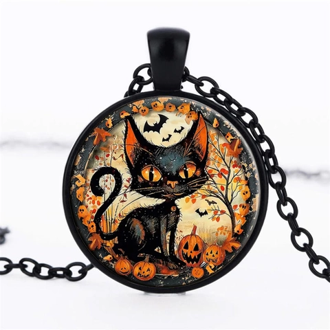 Halloween Schwarze Katze Anhänger Halskette Glas Cabochon Kürbis Fledermaus Vintage Schmuck Für Damen