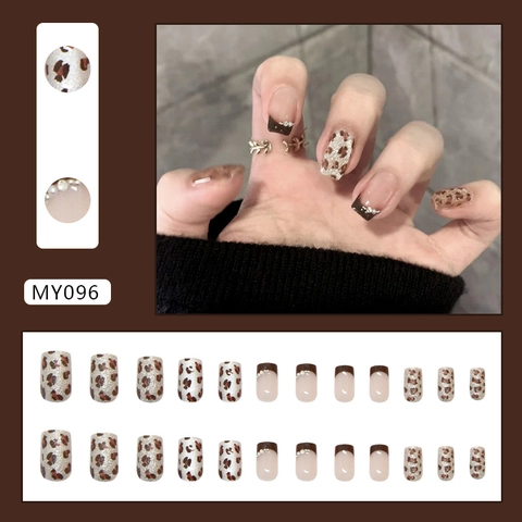 Leopardenmuster French Tip Künstliche Aufpressnägel ABS-Kunststoff Künstliche Perle Strass Braun Maillard Katzenauge Quadratisch Oval
