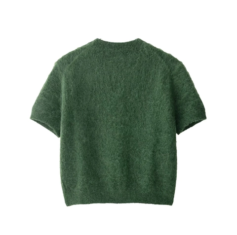 Cardigan De Punto De Manga Corta Para Mujer Cuello Redondo Verde Solido Estilo Mohair