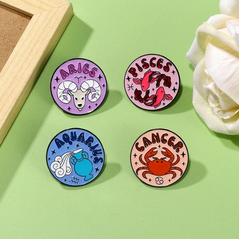 Zodiac Sign Enamel Brooch Pin Zinc Alloy Round Constellation Badge For Clothing Bag Decoration Cartoon Style Accessory