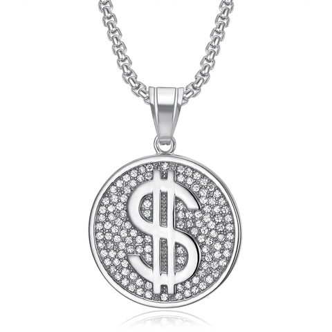 Hip Hop Iced Out Dollar Sign Pendant Necklace Stainless Steel Round Rhinestone Bling Jewelry For Men Rappers