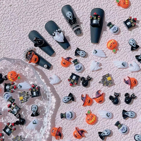 Halloween Nail Art Decorations 3D Resin Ghost Pumpkin Spooky Face Haunted House DIY Manicure Charms Accessories