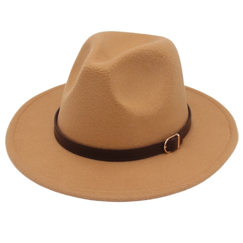 Unisex Fedora Hat Wool Felt Wide Brim Jazz Cap With Decorative Leather Belt Metal Buckle Vintage Ethnic Style Sunshade