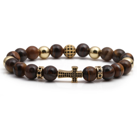 Kupfer Mikro Eingelegte Zirkonia Kreuz Perlen Armband Tigerauge Lavastein Malachit Weißer Türkis Herren Damen Religiöser Schmuck Geschenk