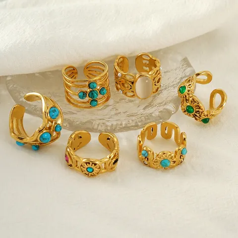 Vintage Edelstahl Offener Verstellbarer Ring Für Damen Herren 18K Vergoldet Eingelegt Malachit Türkis Strass Fingerschmuck