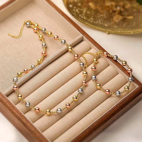 Vintage Tricolor Round Bead Ball Chain Necklace And Bracelet Copper Plated Jewelry For Women