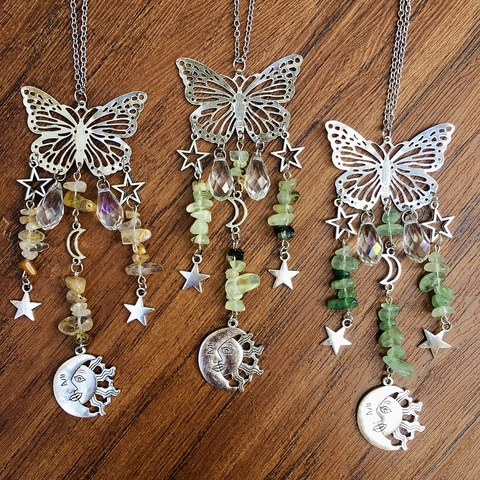 Butterfly Crystal Suncatcher Wind Chime With Natural Stone Beads Sun Moon Star Metal Hanging Ornament For Garden Decor