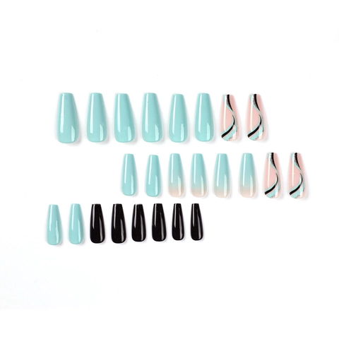 Long Coffin Press On Nails Mint Green Black Contrast Wave Lines Silver Glitter Gradient Artificial Nails For Women