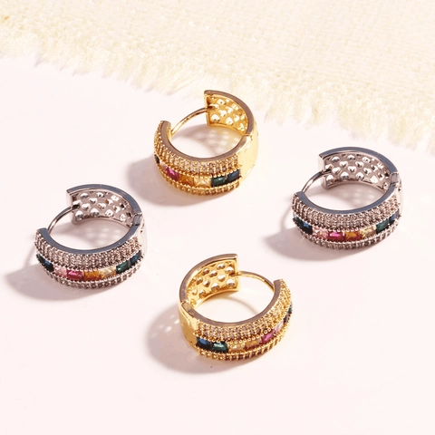 Colorful Square Zircon Hoop Earrings Brass 18K Gold Plated Heart Cutout Minimalist Geometric Fashion Jewelry For Women