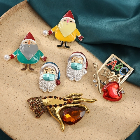 Emaille Brosche Pins Legierung Strass Weihnachten Weihnachtsmann Lehrer Apfel Vintage Hand Feiertag Schmuck