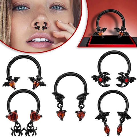 Gothic Stainless Steel Bat Spider Heart Nose Ring Halloween Rhinestone Inlaid Horseshoe Septum Piercing Jewelry For Women Men