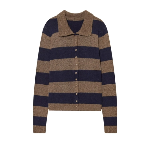 Women Striped Knitted Cardigan Sweater Long Sleeve Polo Collar Color Block Vintage Button Down Soft Casual Tops