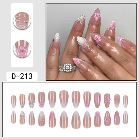Unghie Press On Mandorla 3D Fiore Rosa Texture Conchiglia Sfumatura Rosa Nudo Eleganti Unghie Finte Francesi Fatte A Mano