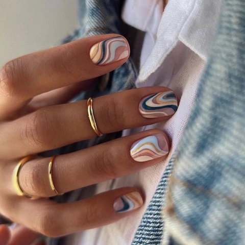 Faux Ongles Press On À Motif De Vagues Abstraites Style Marbre Forme Squoval Ongles Artificiels Pour Femmes Manucure DIY Réutilisable