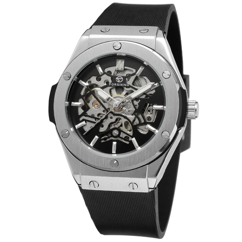 Automatic Mechanical Watch Skeleton Dial For Men Alloy Case Rubber Strap Luminous Hands Luxury Fashion Sport Casual