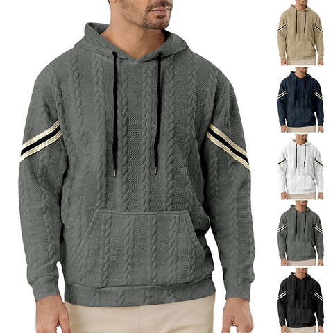Herren Strickpullover Mit Kapuze Zopfmuster Gestreifte Ärmel Kängurutasche Kordelzug Lässiges Kapuzensweatshirt