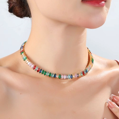 Vintage Marquise Cut Rhinestone Choker Necklace For Women Copper Geometric Colorful Fashion INS Style Collar Necklace Jewelry