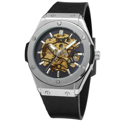 Automatic Mechanical Watch Skeleton Dial For Men Alloy Case Rubber Strap Luminous Hands Luxury Fashion Sport Casual