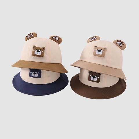 Cute Baby Cartoon Bear Bucket Hat Cotton Blend Sun Protection Kids Sun Hat With 3D Ears Windproof Strap For Toddlers 1-3