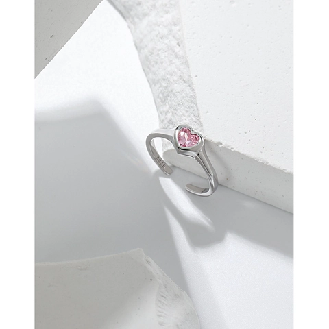 S925 Sterling Silver Pink Heart Zirconia Adjustable Opening Ring For Women Minimalist Korean Style Design Fashion Jewelry