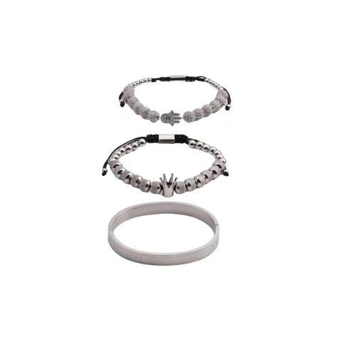Brazalete De Acero Inoxidable Y Pulsera De Cuentas De Cobre Circonita Mano De Hamsa Corona Números Romanos Punk