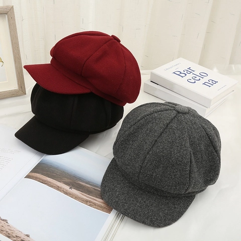 Retro British Style Women Polyester Newsboy Cap Solid Color Octagonal Hat Winter Warm Beret Cap For Ladies Fashion Accessories