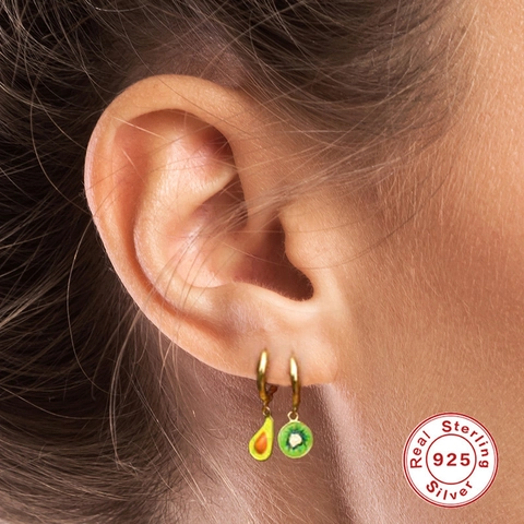 Boucles d'Oreilles Créoles en Argent Sterling 925 Fruit Avocat Cerise Fraise Émail Goutte d'Huile Pendentif Bijoux pour Femme