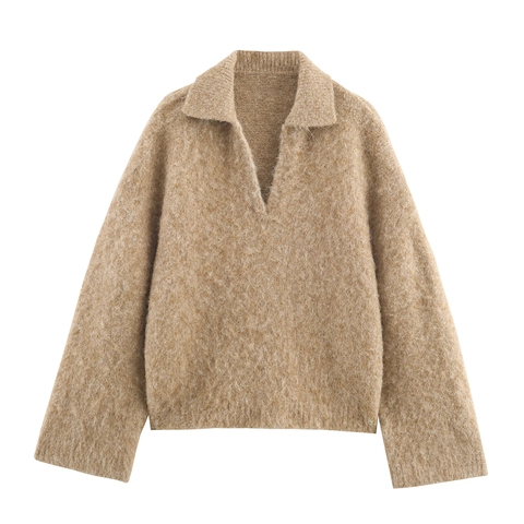Women Knit Sweater Polo Collar V Neck Brushed Texture Solid Color Long Sleeve Casual Pullover Elegant Camel