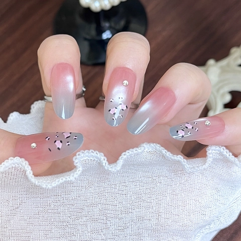 Handmade Pink Grey Gradient Leopard Print Cat Eye Press On Nails Oval Shape Rhinestone Reusable Fashion Fake Nails Women