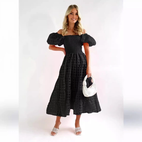 Off Shoulder Pofmouwen Gesmokte Midi Jurk Gelaagde Taartrok Geruite Textuur Elegante Zomervakantie Voor Dames