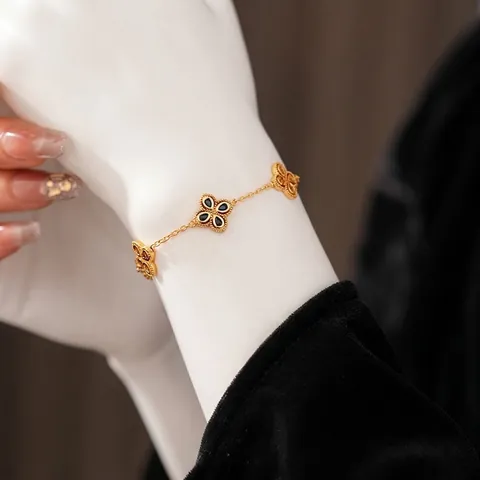 Colorful Zircon Flower Clover Pendant Bracelet Copper Gold Plated Milgrain Edge Adjustable Retro Luxury Jewelry For Women