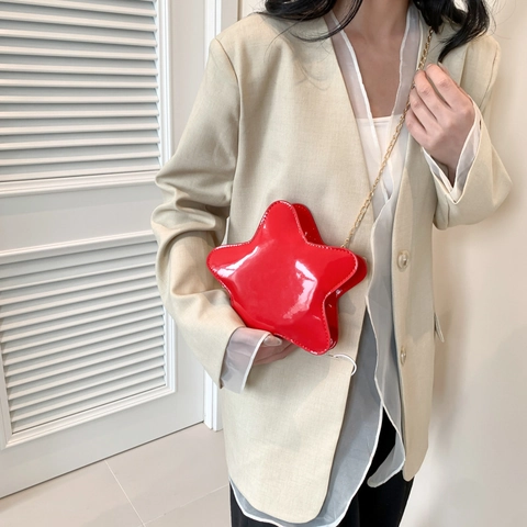 Star Shaped Crossbody Bag For Women Glossy PU Patent Leather Trendy Unique Chain Shoulder Handbag Fashion Aesthetic