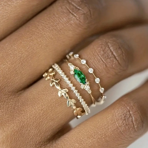 Marquise Groene Zirkonia Ring En Bladrank Ringen Stapelbaar Sierlijke Koperen Goud Zilver Vergulde Elegante Sieraden Vrouwen