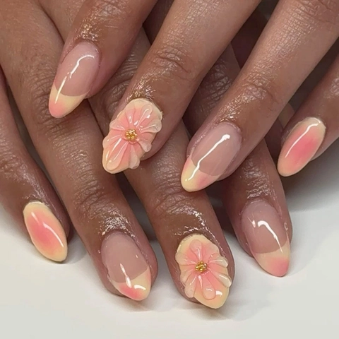 Faux Ongles Press On Fleur 3D Dégradé Français Rose Jaune Forme Amande Style Doux Cool Ongles Artificiels Pour Femmes