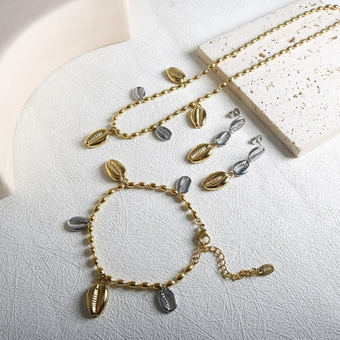 Conch Shell Pendant Jewelry Necklace Earrings And Bracelet Stainless Steel Two-Tone Gold Silver Ocean Style For Women