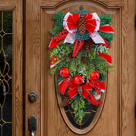 Guirnalda Navideña De Lágrima Rama De Pino Artificial Lazo Rojo Campana De Metal Piña Baya Decoración De Pared Para Puerta Principal