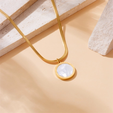Collana Con Pendente A Disco Rotondo In Acciaio Inossidabile Placcato Oro Numeri Romani Intarsio Conchiglia Catena Serpente