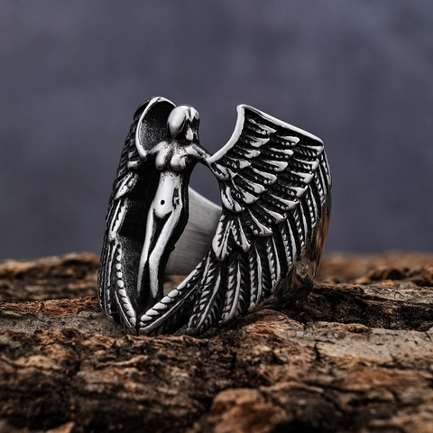Anillo Dea Ala D'Angelo Vintage Acciaio Inossidabile 316L Gotico Venere Piuma Gioielli Per Uomini Donne