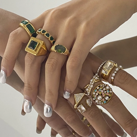 Vintage Roestvrijstalen Ringen Voor Dames Met Groene Zirkoon En Kunstparel Geometrische Sieraden Waterdicht Hypoallergeen Mode