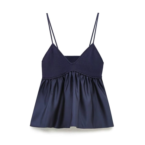 Women Patchwork Camisole Ribbed Knit And Satin V Neck Spaghetti Strap A-Line Tank Top Sexy Streetwear