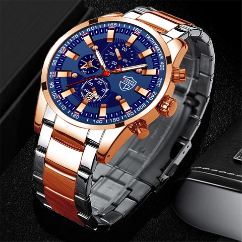 Orologio al Quarzo da Uomo DEYROS Cinturino in Lega di Acciaio Inossidabile Lancette Luminose Calendario Orologio da Polso Business Casual