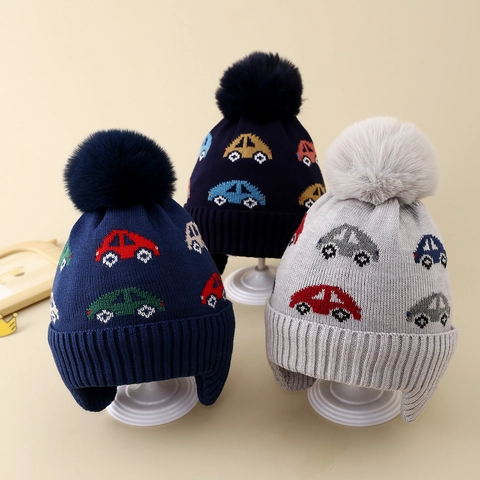 Kinder Strickmütze Mit Ohrenschützern Fleece Gefüttert Winter Warm Beanie Mit Pompon Cartoon Auto Muster Für Jungen