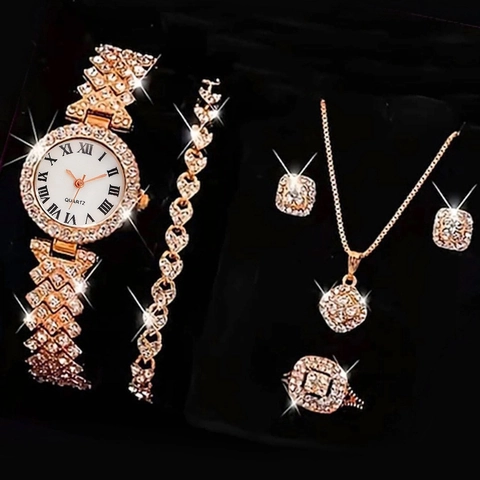 Women Fashion Roman Numeral Rhinestone Quartz Watch Jewelry Set Alloy Bracelet Necklace Earrings Ring Luxurious Ladies Wristwatch Set