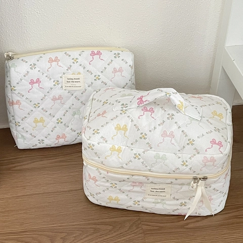Borsa Da Trucco Trapuntata Con Stampa Floreale E Fiocco Organizzatore Cosmetico Grande Capacità Beauty Case Portatile Dolce
