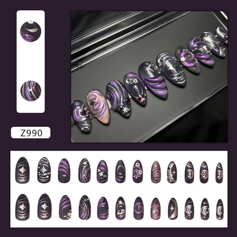 Dunkelviolette Cat Eye Press On Nails 3D Stern Mond Strasssteine Perlglanz Mandelform ABS Kunststoff Y2K Gothic Stil