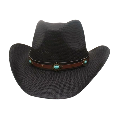 Western Cowboy Hat Woven Straw Wide Brim Sun Protection With Turquoise Leather Band Retro Ethnic Style Men Women
