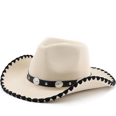 Westerse Cowboyhoed Vintage Etnisch Brede Rand Vilt Zonbescherming Met Decoratieve Band En Metalen Klinknagels Voor Unisex