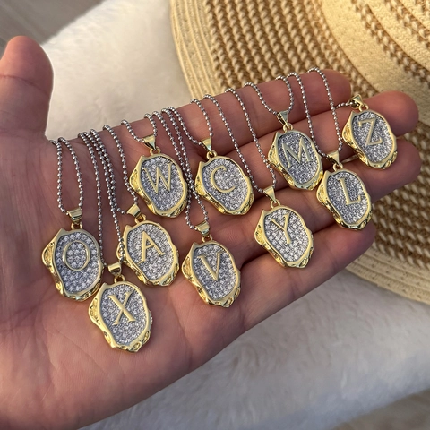 Initial Letter Pendant Necklace Vintage Hammered Irregular Copper Zircon Retro Two Tone Clavicle Chain Jewelry For Women
